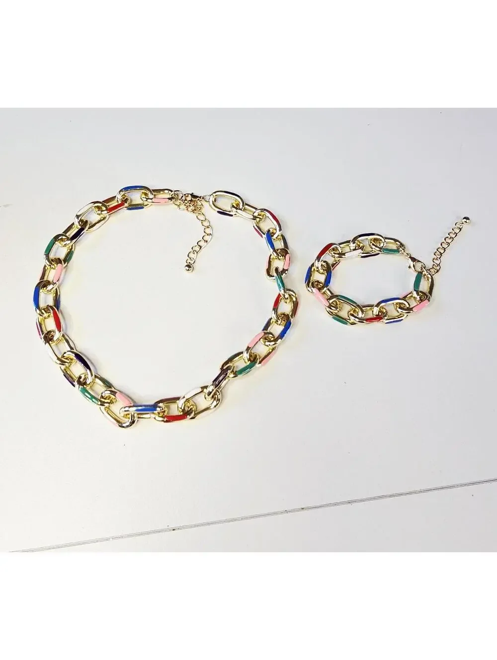 Gold-plated Multicolor Enamel Necklace And Bracelet Set Adjustable Lightweight - Picture 3 of 6